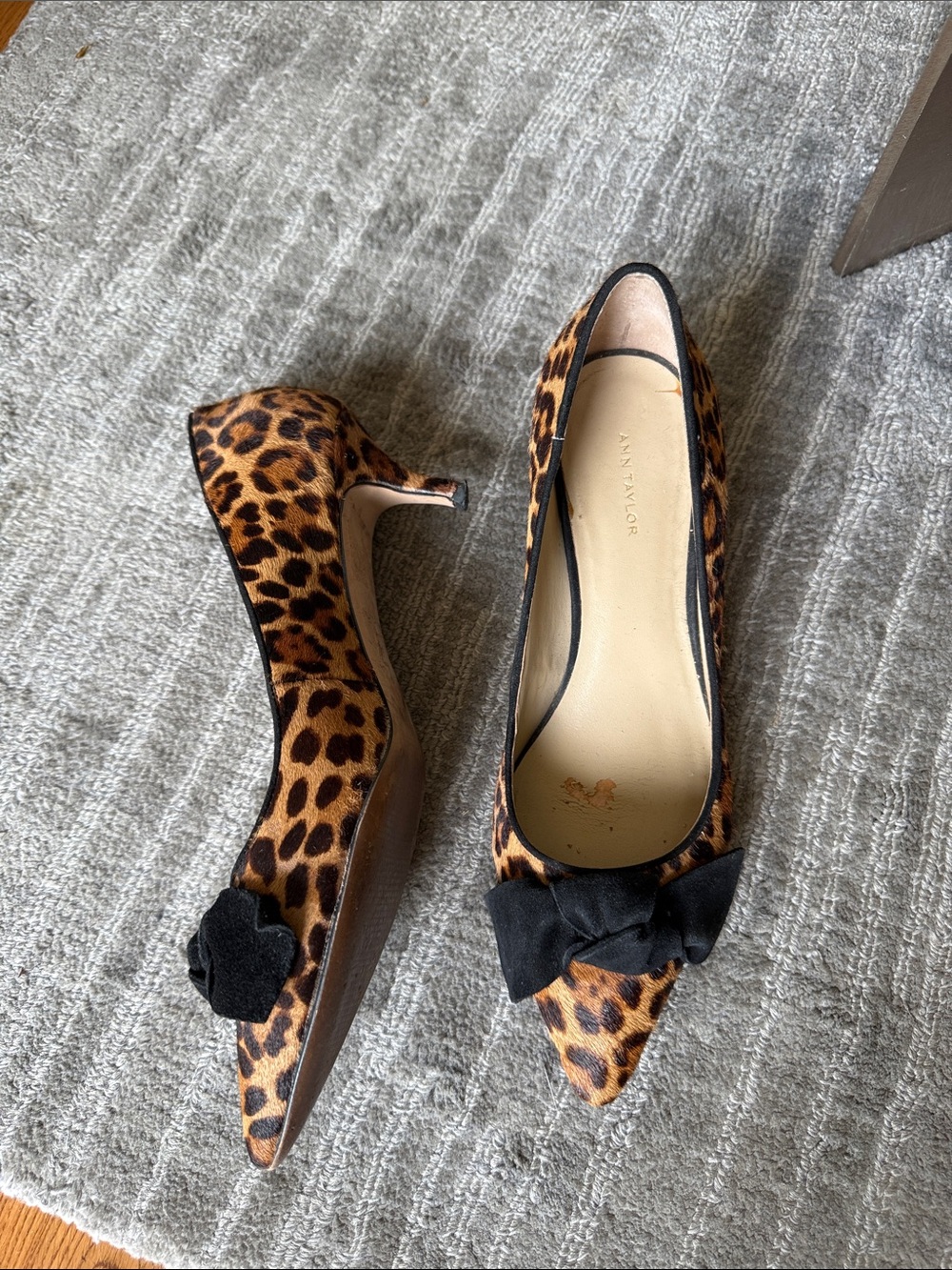 Ann Taylor Leopard-Print Pointed Pumps with Black Bow Accent